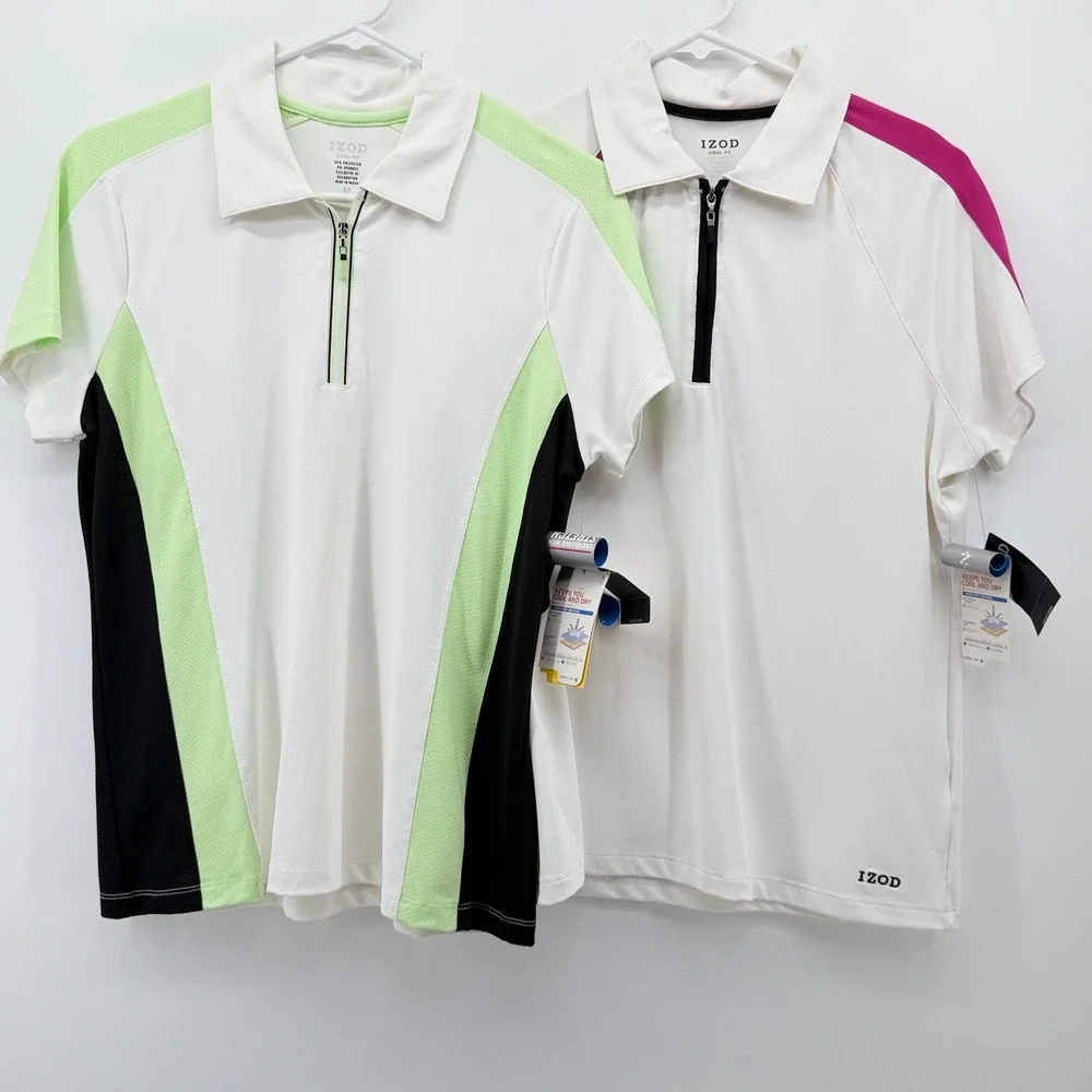 IZOD Lot of 2 Lime Green Black Colorblock 1/4 Zip Golf Polo Shirt  Medium NEW